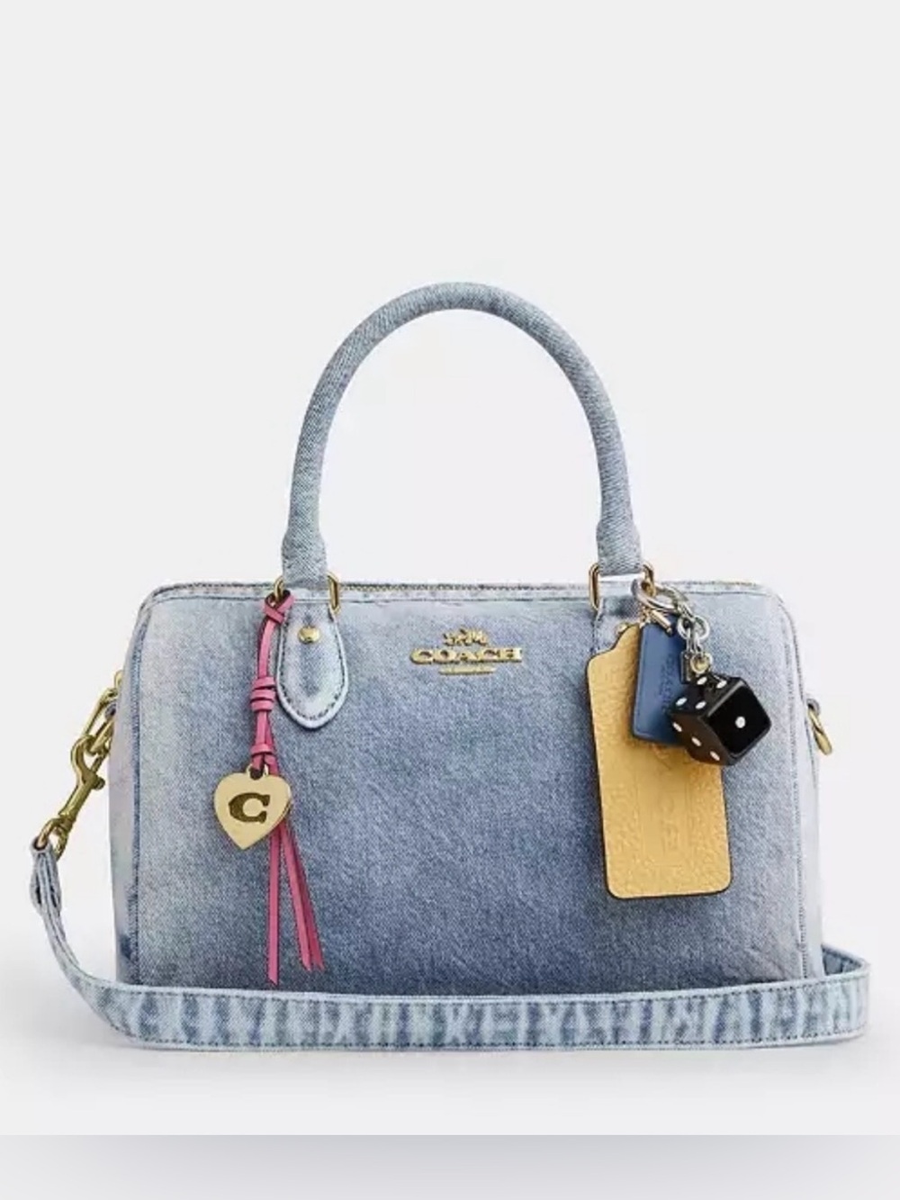 NWT Coach Medium Rowan Light Indigo Loved Denim Handbag Purse with Charms CDY74
